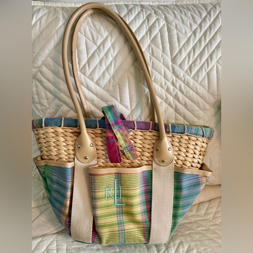 Lauren Ralph Lauren RLL Plaid Straw Beach Tote Coastal Resort Bag